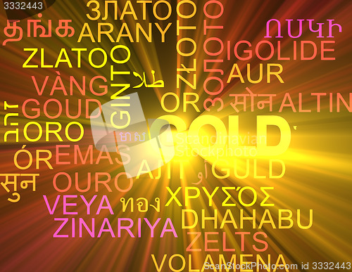 Image of Gold multilanguage wordcloud background concept glowing