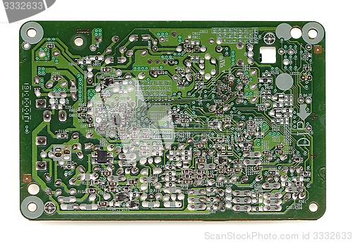 Image of Backside of old electronic circuit board isolated on white background