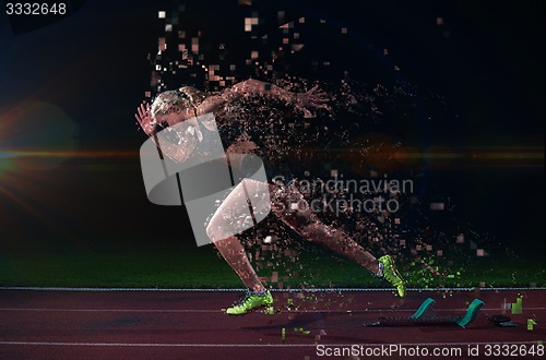 Image of pixelated design of woman  sprinter leaving starting blocks