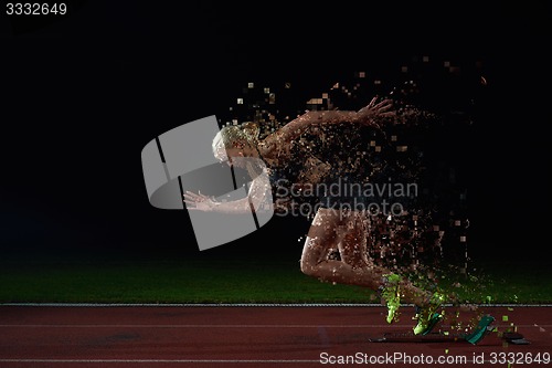 Image of pixelated design of woman  sprinter leaving starting blocks