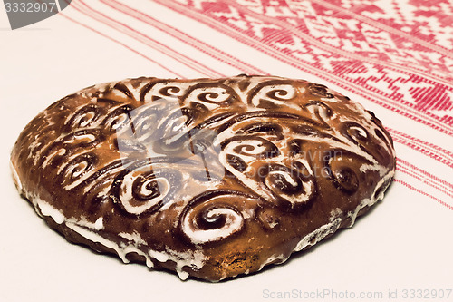 Image of Beautiful cake on a white towel. Sold at the fair.