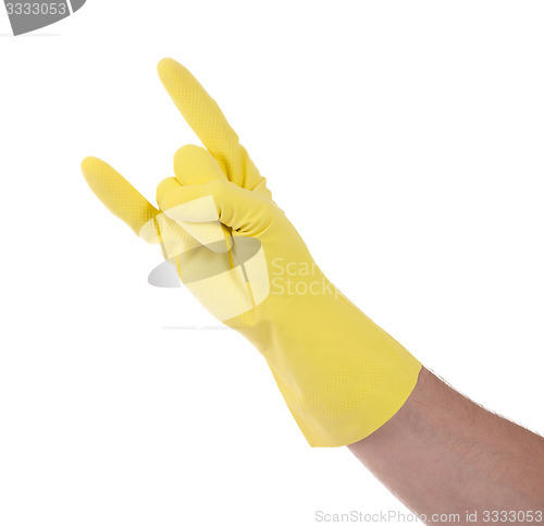 Image of Hand in rubber gloves gesturing, close up