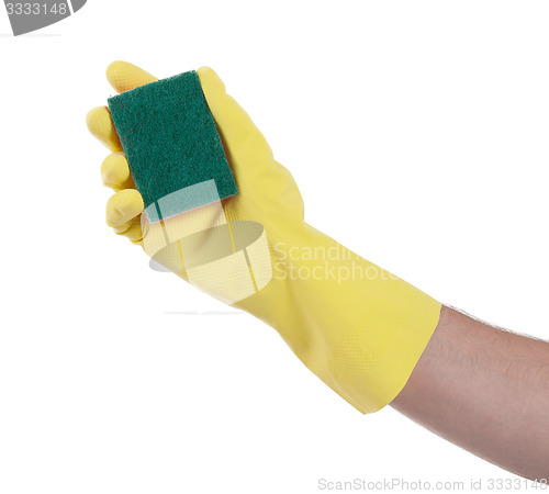 Image of Mans hand in rubber glove with sponge isolated