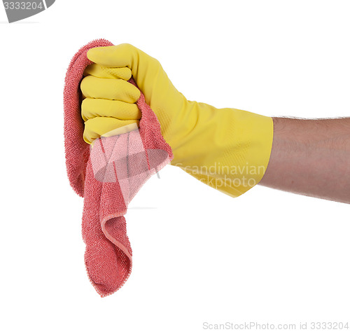 Image of Hand wearing rubber glove and hold rag(mop)