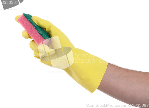 Image of Mans hand in rubber glove with sponge isolated