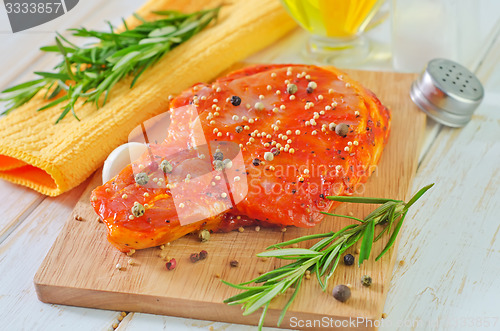 Image of raw steak with aroma spices