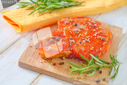 Image of raw steak with aroma spices