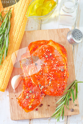 Image of raw steak with aroma spices