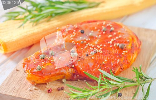 Image of raw steak with aroma spices