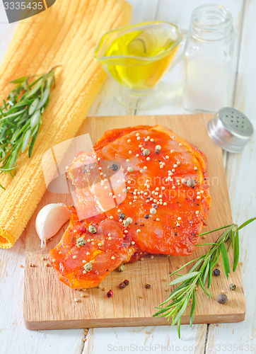 Image of raw steak with aroma spices