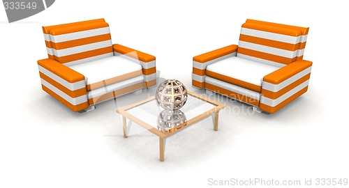 Image of orange and white armchairs