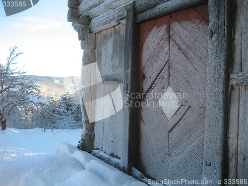Image of Front door of old Norwegian stabbur (traditional storage building)