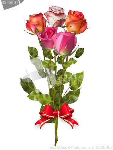 Image of Bouquet of Roses with red bow. EPS 10