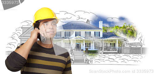 Image of Hispanic Construction Worker on Phone Over House Drawing and Pho