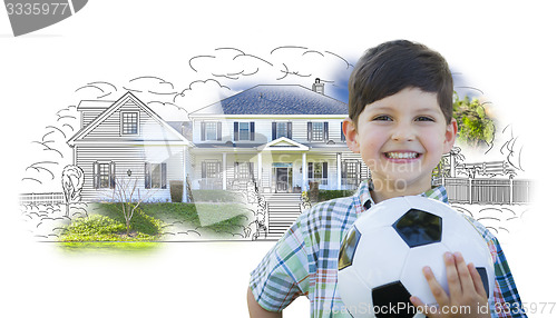 Image of Boy Holding Soccer Ball In Front of House Sketch Photo