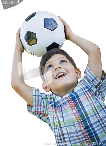 Image of Cute Young Boy Holding Soccer Ball Isolated on White