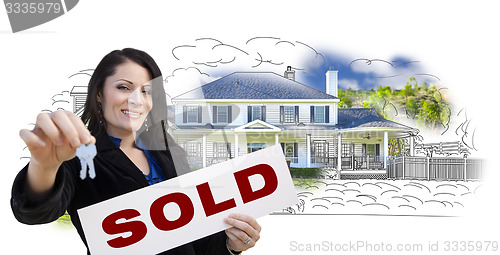 Image of Woman, Keys, Sold Sign Over House Drawing and Photo on White