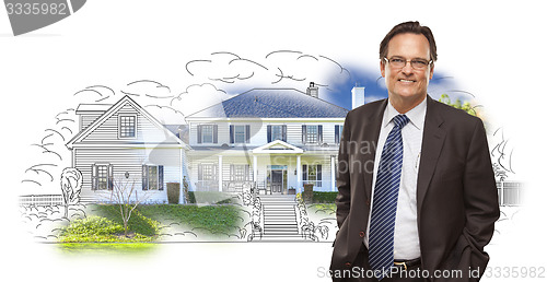 Image of Man Wearing Neck Tie Over House Drawing and Photo