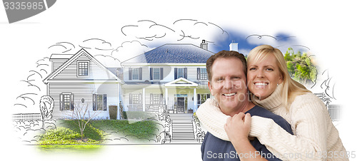 Image of Hugging Couple Over House Drawing and Photo on White