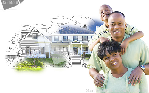Image of African American Family Over House Drawing and Photo on White