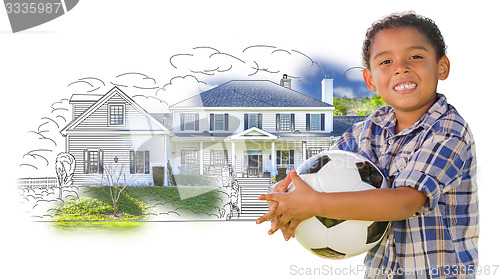 Image of Mixed Race Boy Holding Ball Over House Drawing and Photo