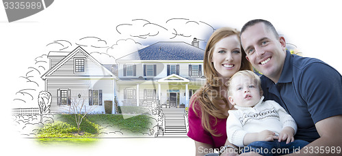 Image of Young Military Family Over House Drawing and Photo