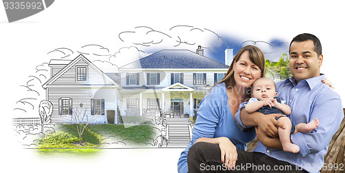 Image of Mixed Race Family Over House Drawing and Photo