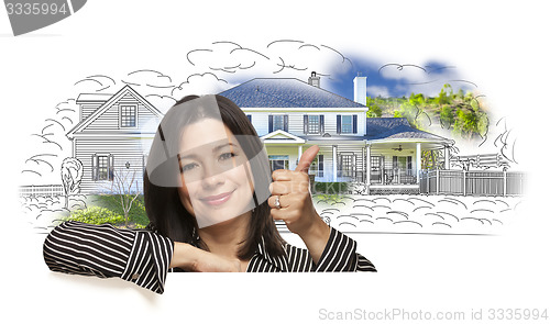 Image of Woman with Thumbs Up Over House Drawing and Photo