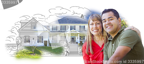 Image of Mixed Race Couple Over House Drawing and Photo