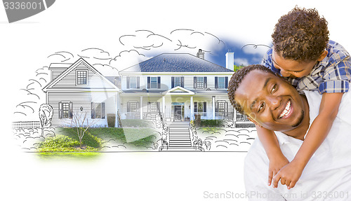 Image of Mixed Race Father and Son Over House Drawing and Photo