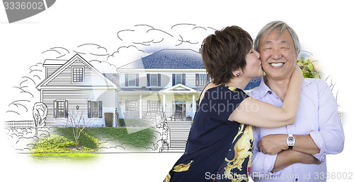 Image of Senior Chinese Couple In Front of House Sketch Photo Combination