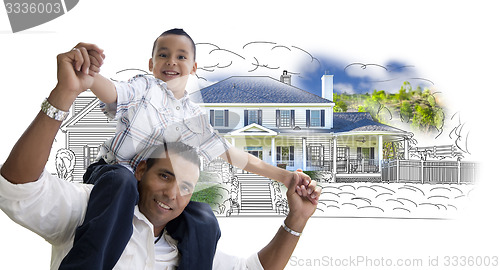 Image of Hispanic Father and Son Over House Drawing and Photo