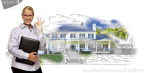 Image of Woman with Okay Sign Over House Drawing and Photo