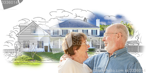 Image of Happy Senior Couple Over House Drawing and Photo on White