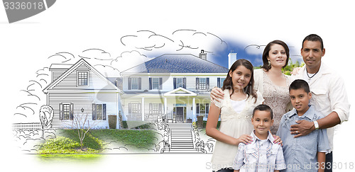 Image of Young Hispanic Family Over House Drawing and Photo on White