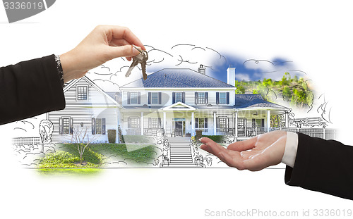 Image of Handing Over Keys On House Drawing and Photo on White