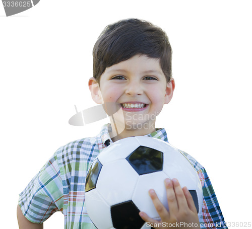 Image of Cute Young Boy Holding Soccer Ball Isolated on White
