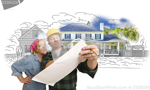 Image of Woman with Contractor Over House Drawing and Photo on White