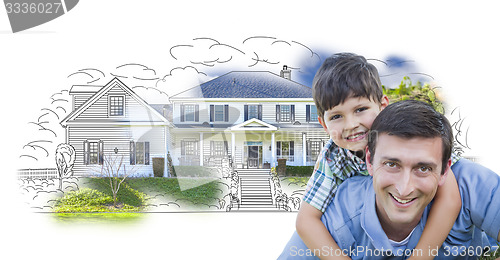 Image of Father and Son Over House Drawing and Photo on White