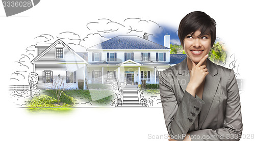 Image of Mixed Race Female Gazing Over House Drawing and Photo