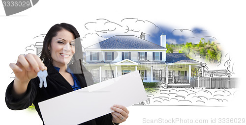 Image of Woman, Keys, Blank Sign Over House Drawing and Photo on White