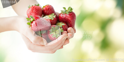 Image of close up of woman hands holding strawberries