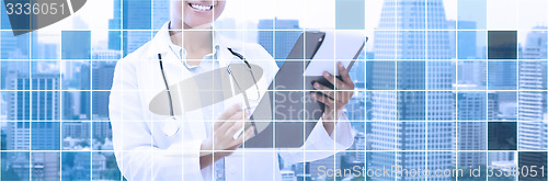 Image of happy african female doctor with clipboard