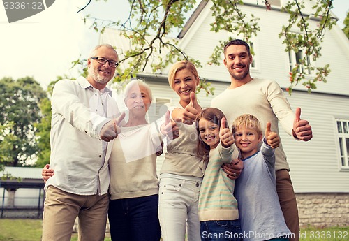 Image of happy family in front of house outdoors