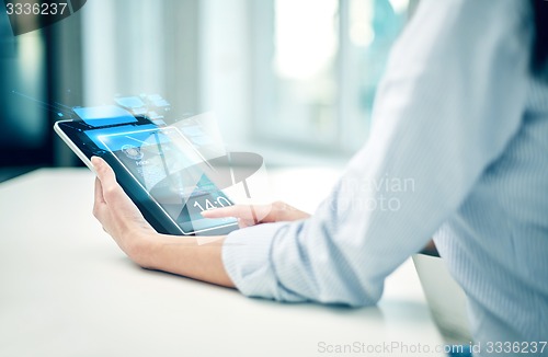 Image of close up of woman hands with tablet pc at office