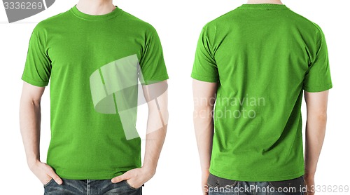 Image of man in blank green t-shirt, front and back view
