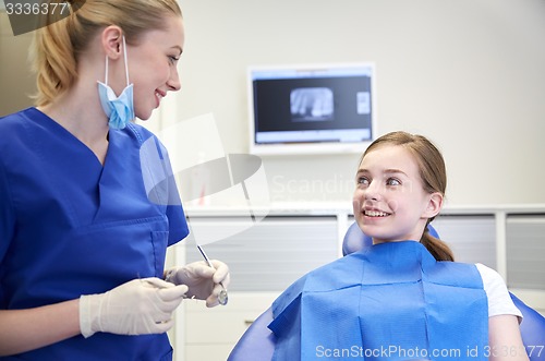 Image of female dentist checking patient girl teeth