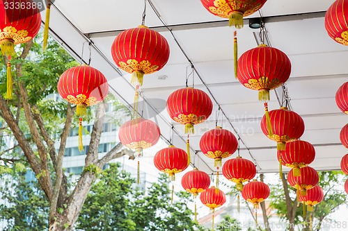 Image of ceiling decorated with hanging chinese lanterns