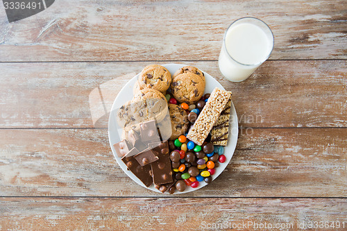 Image of close up of sweet food and milk glass on table