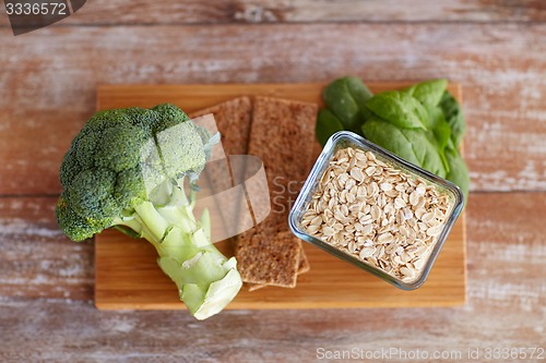 Image of close up of food rich in fiber on wooden table